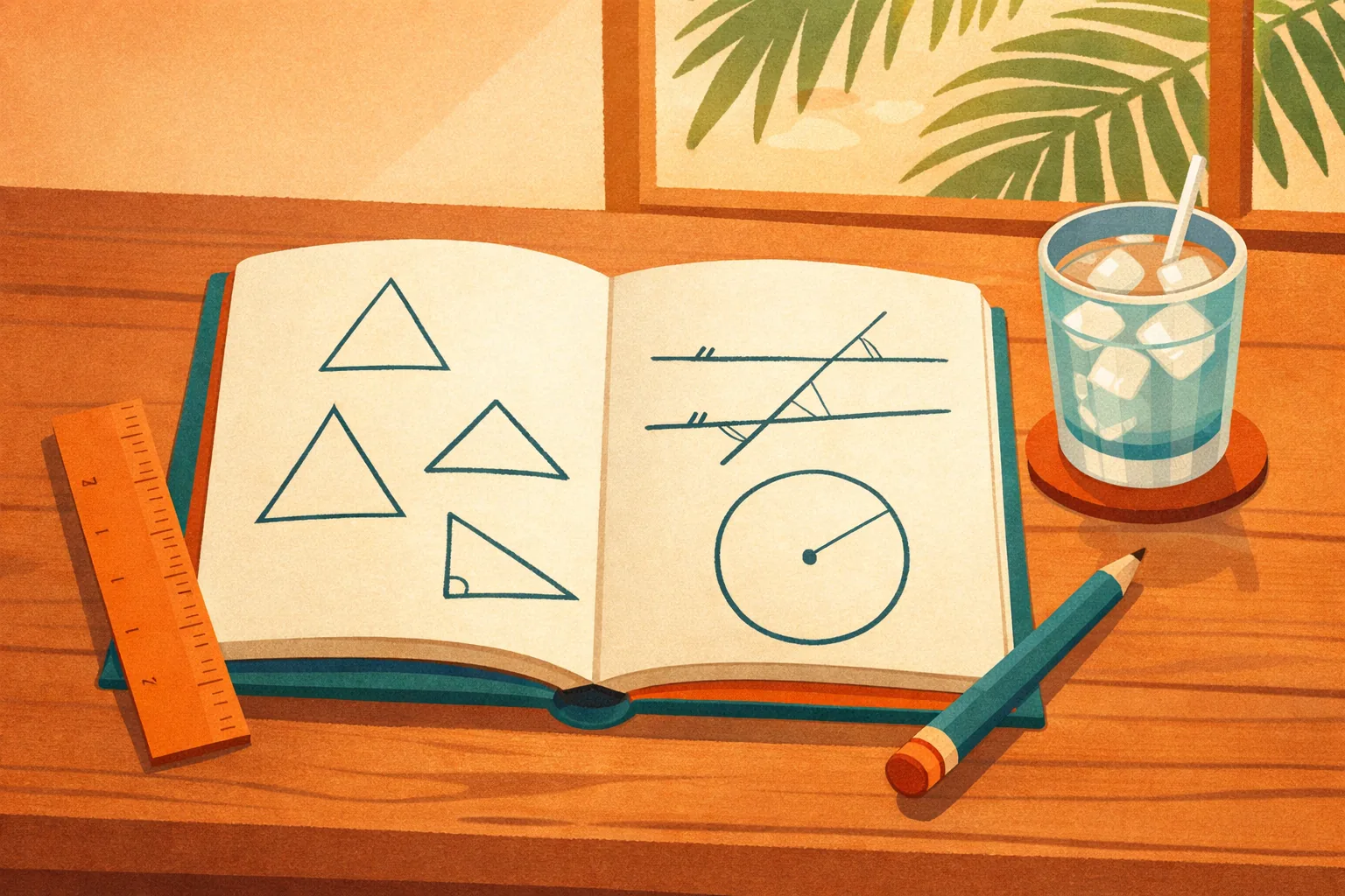 Illustration of a geometry tutoring session in Miami with a notebook of angles, triangles and a two-column proof
