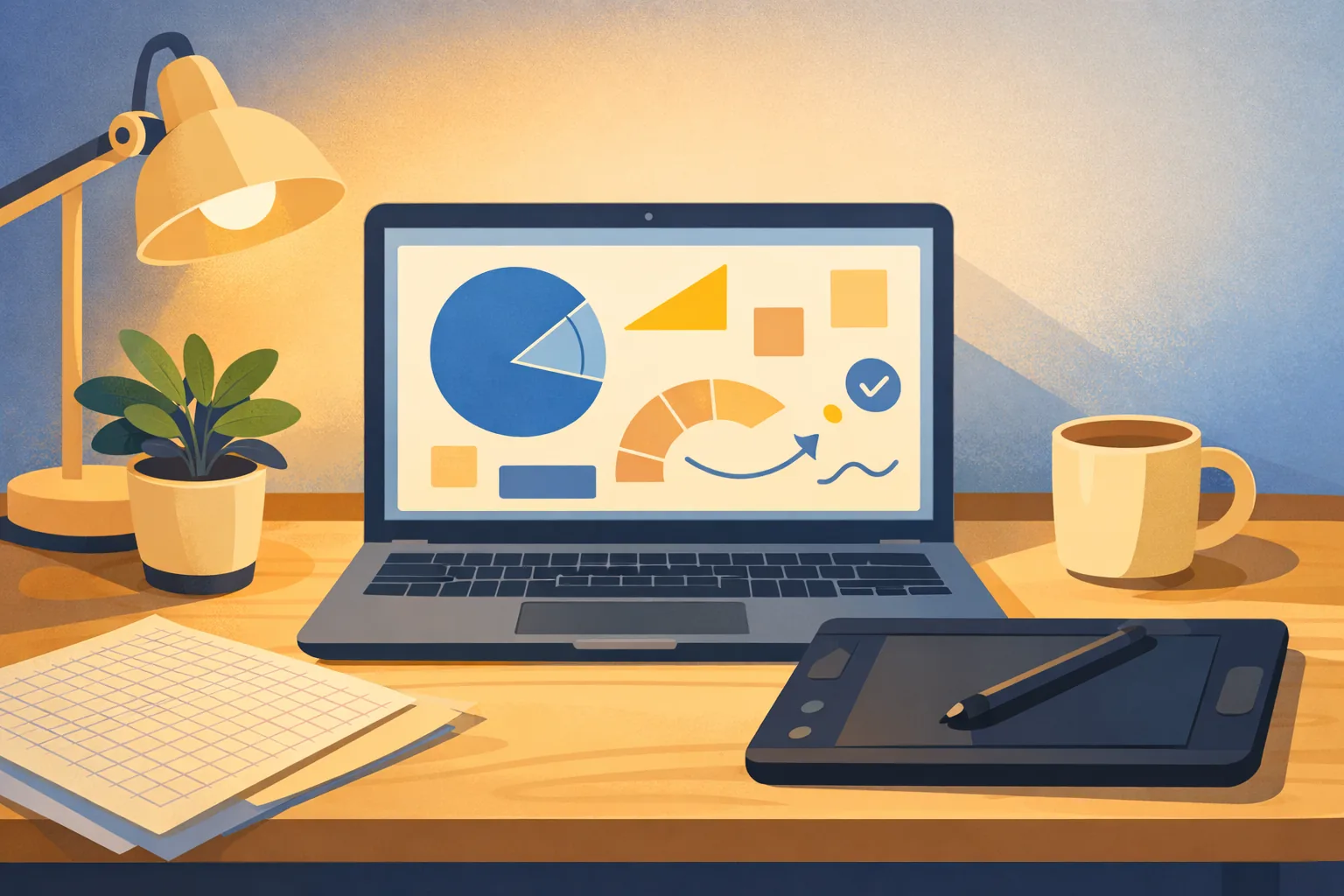 Illustration of an online geometry tutoring setup in Miami with laptop, digital whiteboard shapes and graph paper