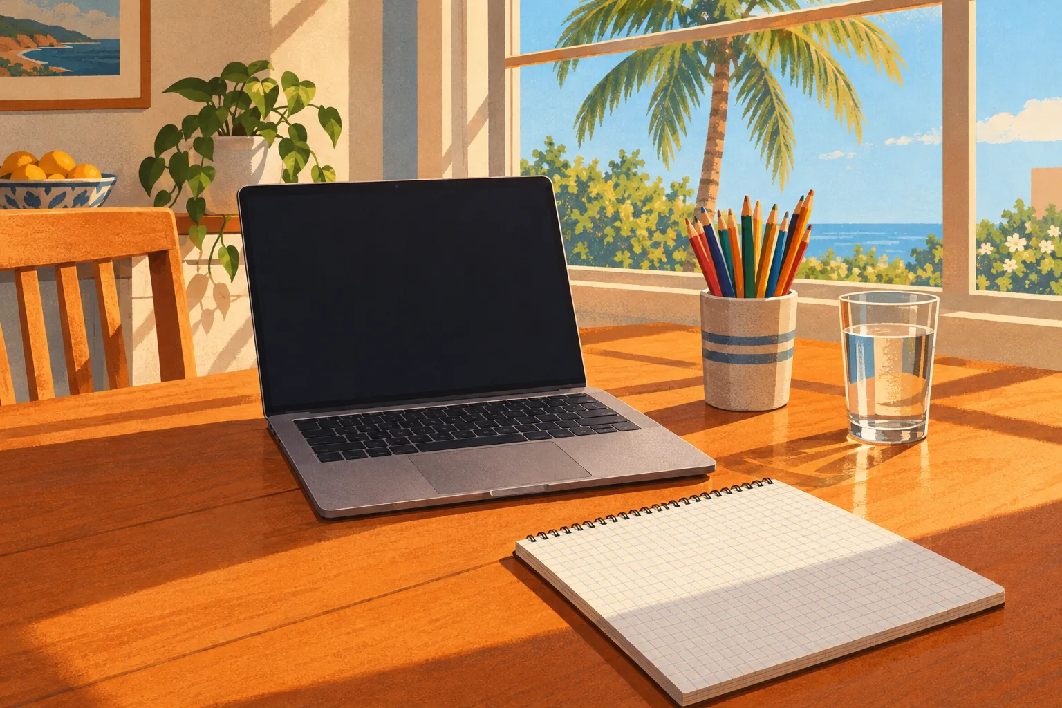 Summer pre-algebra tutoring setup in Miami with a laptop ready for a Zoom math session