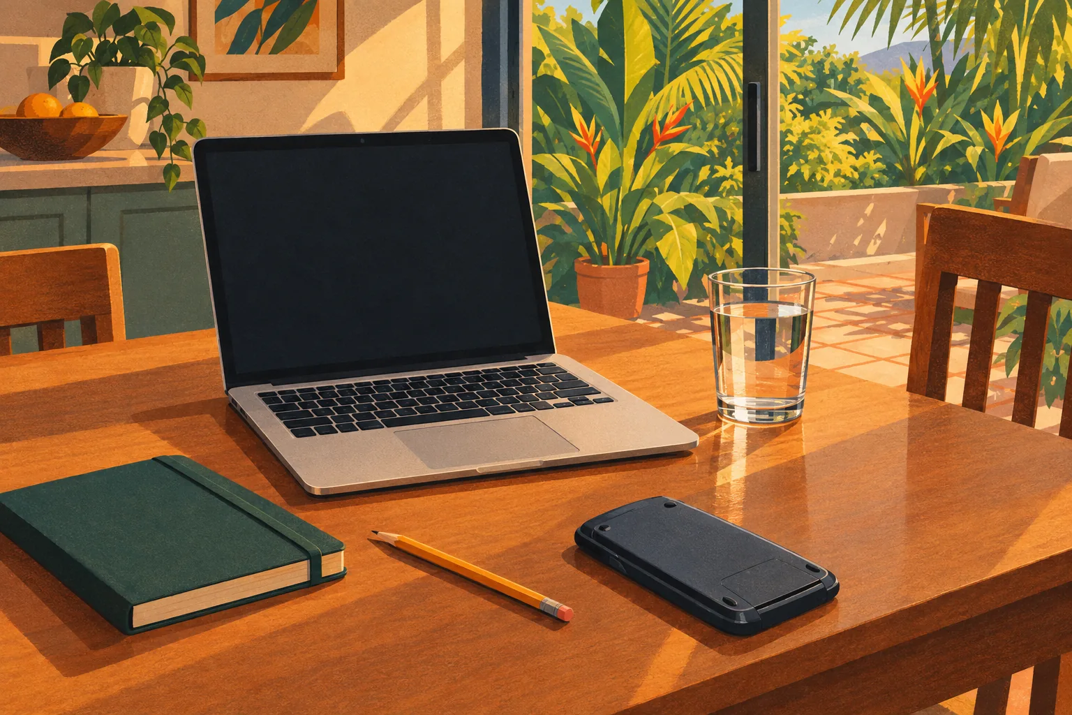 Laptop on a kitchen table ready for online math tutoring in Miami, with a notebook and calculator nearby