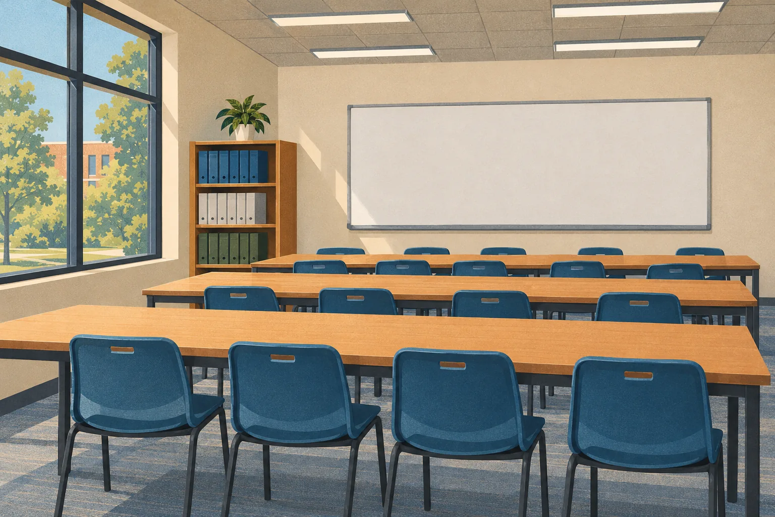 Empty tutoring center room with shared tables, compared with private math tutoring in Miami