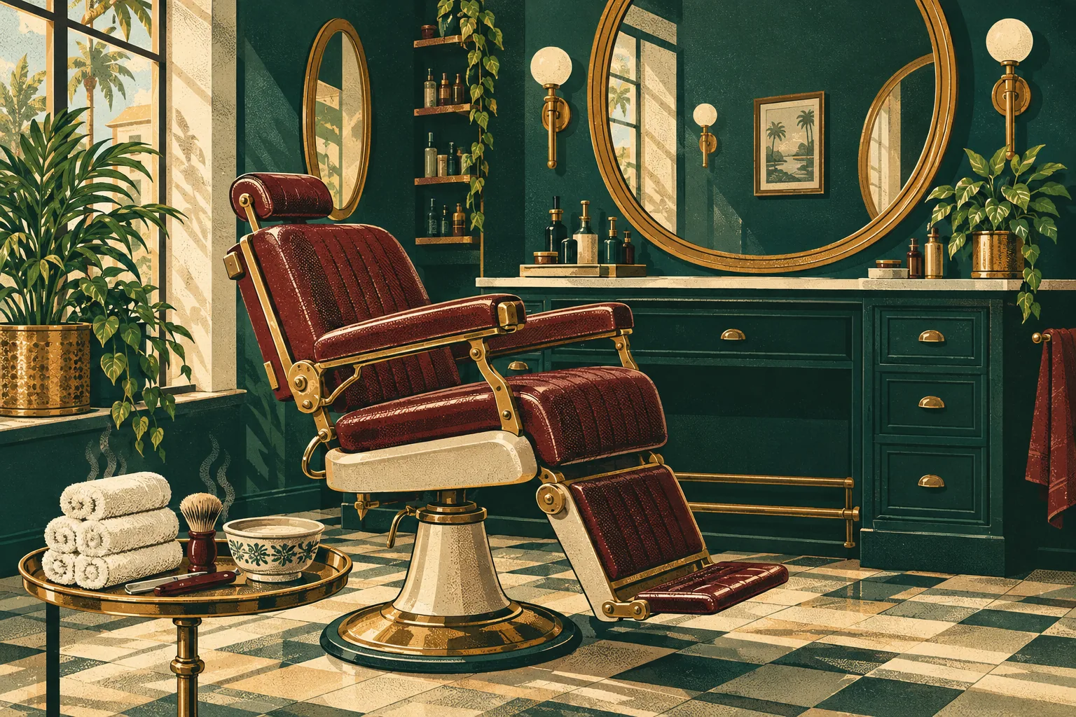 Empty barber chair with rolled hot towels and a straight razor ready for a head shave in Miami