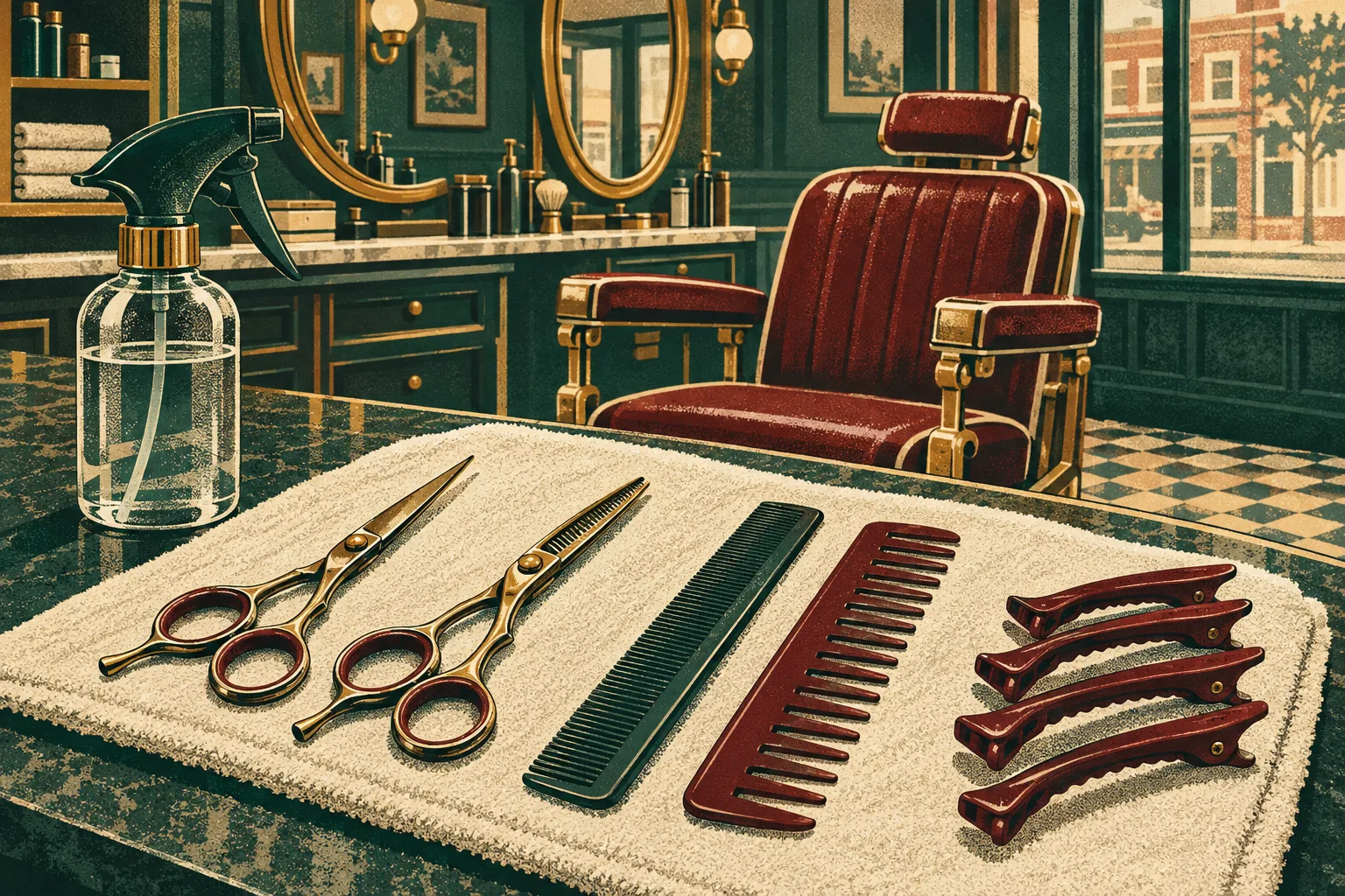 Scissor cut tools with barber shears and combs on a counter in a Coconut Grove barbershop