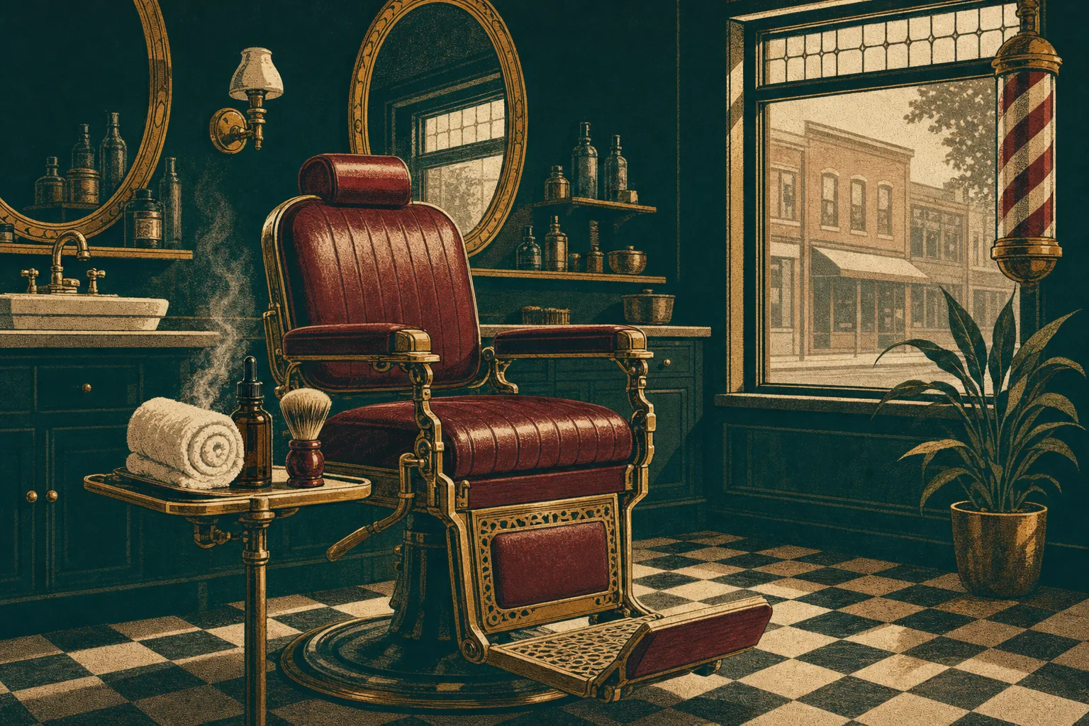 Empty barber chair and hot towel setup for a beard trim in Coconut Grove barbershop