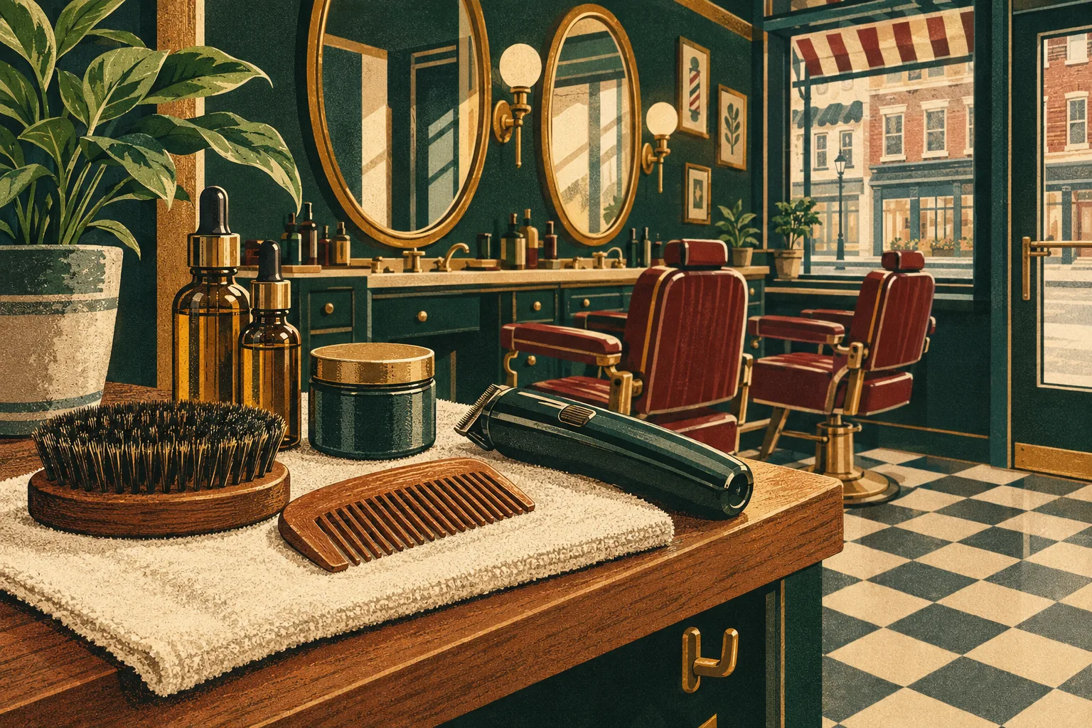 Turkish barber beard shaping setup with beard oil, a boar bristle brush and a trimmer in Coconut Grove