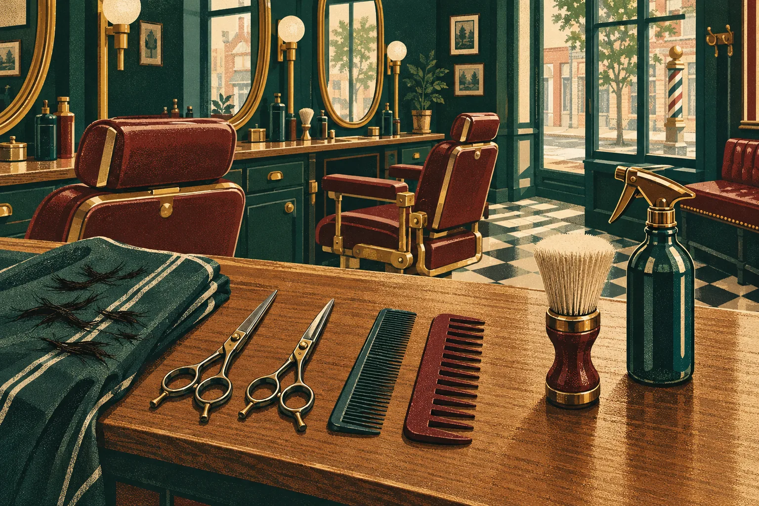 Turkish barber scissor cut tools laid out on a counter: shears, combs and a neck brush